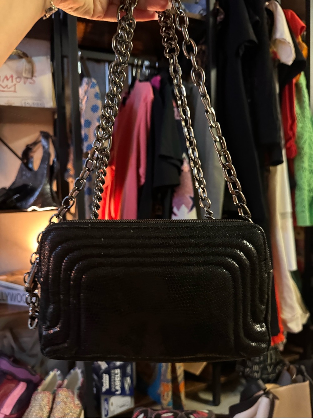 Henri Bendel Black Leather Gunmetal Chain-Handle Shoulder Bag